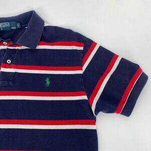 Vintage Ralph Lauren 90s Navy Red White Striped Polo Shirt L Green Pony Preppy